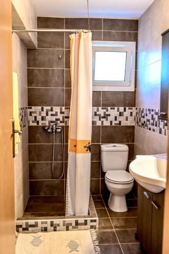 a bathroom with a shower and a toilet and a sink at morfo's sunset in Sounio