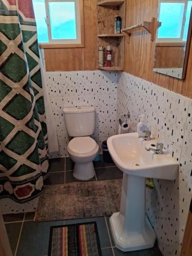 a bathroom with a toilet and a sink at Cabaña Cubero in Hualaihué
