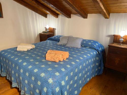 a bedroom with a blue bed with an orange blanket at La Rosa antica dell'Etna in Puntalazzo