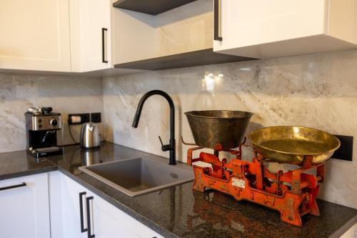 a kitchen with a mixer on a counter next to a sink at ARCHONTIKO 1922 in Argostoli