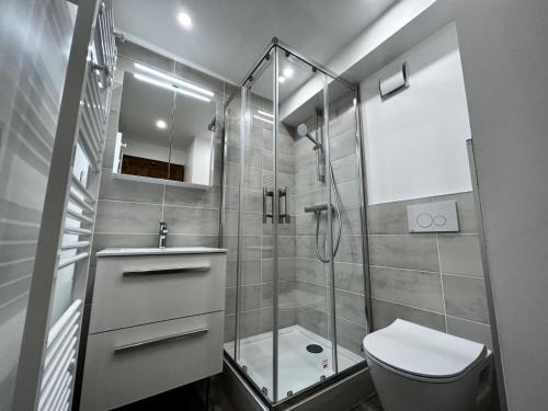 une salle de bain avec une douche, des toilettes et un lavabo dans l'établissement Résidence Geffriand - Triplex proche des pistes au coeur des 3 Vallées MAE-4944, à Levassaix