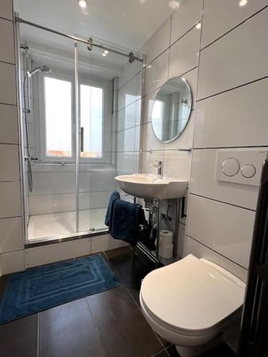 une salle de bain avec toilettes, lavabo et douche dans l'établissement Hyper centre vue cathédrale, à Strasbourg
