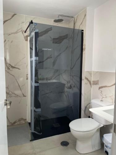 a bathroom with a toilet and a glass shower at Hostal Santa Calma in Marbella