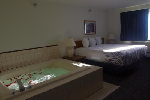 a hotel room with a bed and a bath tub at Selby Motel in Selby