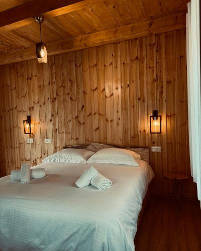 a bedroom with two beds in a wooden wall at Vila Shkalla in Theth