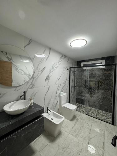 a bathroom with a sink and a toilet and a shower at Entre Olivos in Níjar