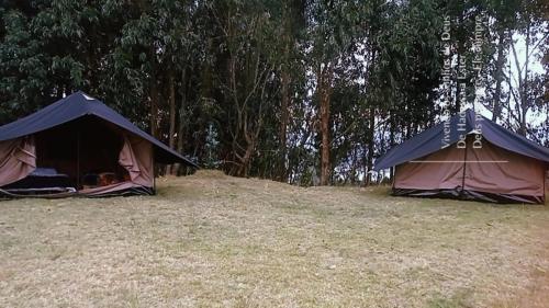 two tents are set up in a field at Hospedaje Guatavita cabaña tippie in Guatavita