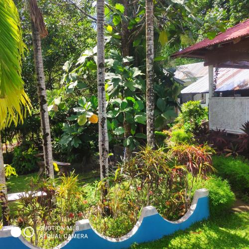 a garden in front of a house with trees at Sun House Rental in Mambajao