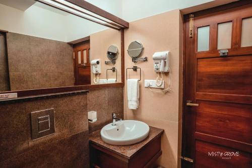 a bathroom with a sink and a mirror at Misty Grove Resort Hotel in Gūdalūr