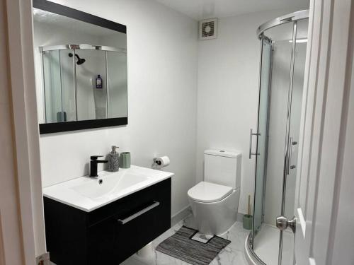 a bathroom with a toilet and a sink and a shower at Peaceful and convenient in Auckland