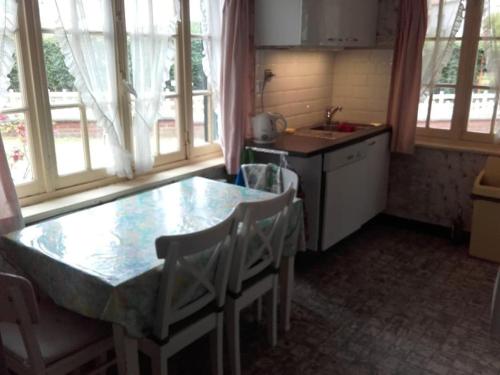 a kitchen with a table and a sink and some windows at Villa Parrain in Koksijde