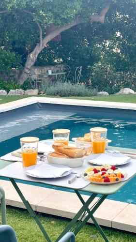 CoudouxにあるMaison Florence Ivaknoのプールの横に食べ物と飲み物のトレイが置かれたテーブル