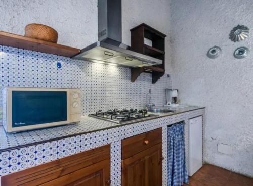 a kitchen with a microwave and a stove top oven at Agriturismo La Moraia in Poggibonsi