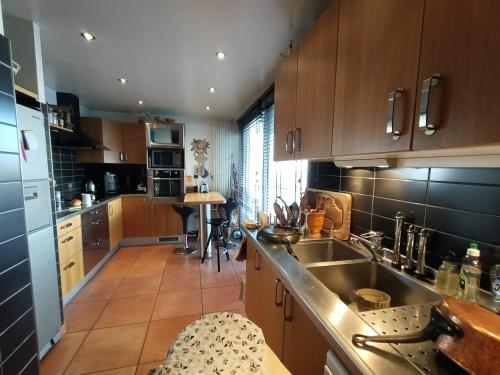 une cuisine avec des placards en bois et un évier en acier inoxydable dans l'établissement Casa Créteil, à Créteil