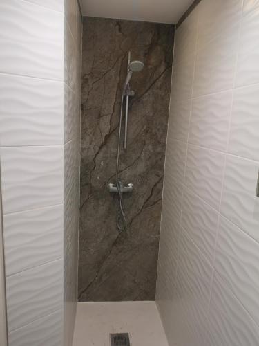 La salle de bains est pourvue d'une douche et d'un mur en pierre. dans l'établissement Maison papa 2, à Nice