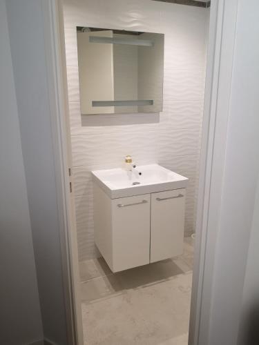 une salle de bain blanche avec un lavabo et un miroir dans l'établissement Maison papa 2, à Nice