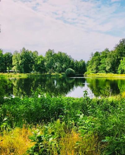 a large lake with trees and clouds in the background at Modern villa med spa och pool in Skäralid