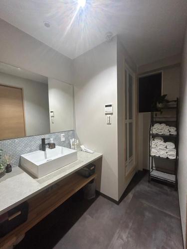 a bathroom with a sink and a large mirror at LeLien Nakasu in Fukuoka