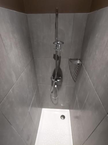 une douche avec pommeau de douche dans une salle de bain dans l'établissement La Fille du Berger, à Puissalicon