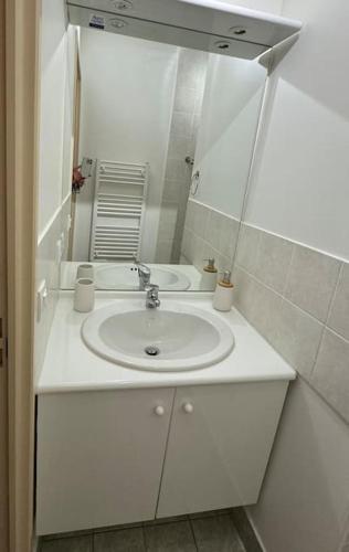 une salle de bain blanche avec un lavabo et un miroir dans l'établissement Les Marmottons De LAYE, à Laye