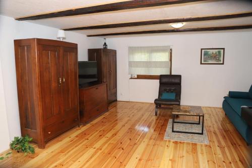 a living room with a couch and a tv at Wooden house Mali Vrh in Kamanje