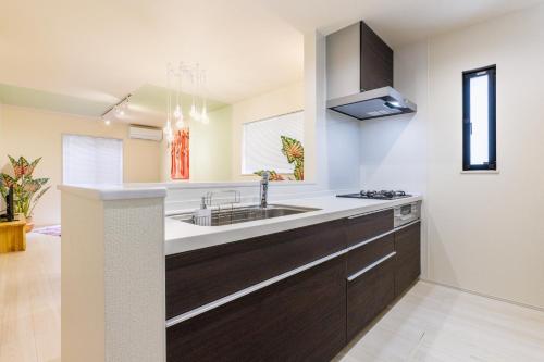 a kitchen with a sink and a stove at オープンセール 2棟貸切 最大20名ビーチまで車で4分 駐車場4台 tla&tdy ツインズロッジA棟B棟貸切 in Yomitan