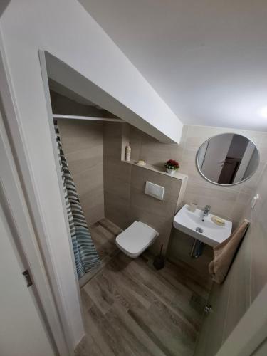 a bathroom with a sink and a toilet and a mirror at Amelia in Radanovići