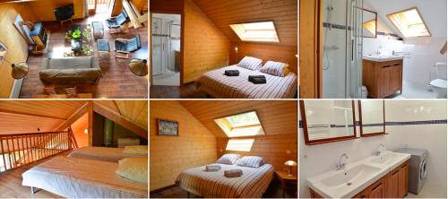 Quatre photos d'une chambre avec deux lits et une salle de bains dans l'établissement Appartement Le Chalet, à Saint-Pons