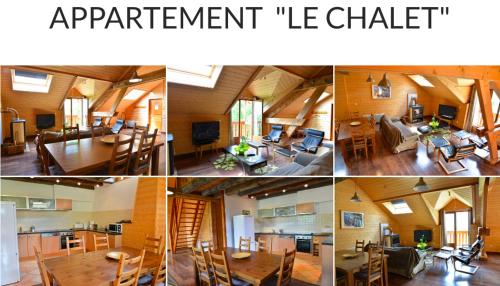 Un collage de quatre photos d'un salon et d'un appartement dans l'établissement Appartement Le Chalet, à Saint-Pons