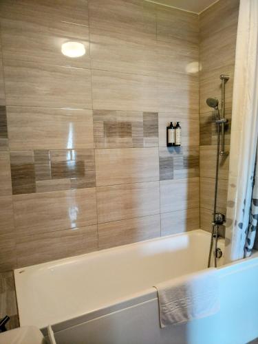 a bathroom with a bath tub with a shower at Exclusive Living Apartment in Bucharest