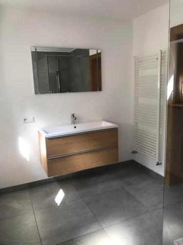 a bathroom with a sink and a mirror at Appartement Ginzling Haus Eder in Ginzling