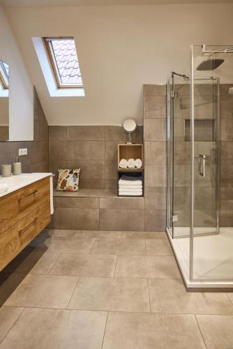 a bathroom with a shower and a sink at Winzerlodge, Wohnung Hatzelberg in Gleiszellen-Gleishorbach