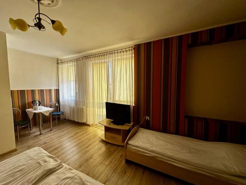 a bedroom with a bed and a tv and a table at Kalina in Łeba