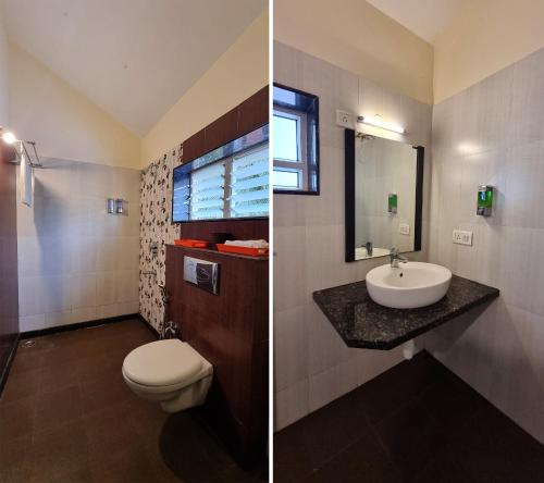 two pictures of a bathroom with a toilet and a sink at Heritage Exotica Villa 3BHK JAQK Holidays in Arpora