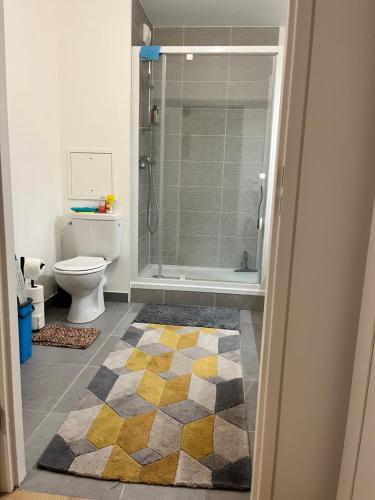 La salle de bains est pourvue d'une douche, de toilettes et d'un tapis. dans l'établissement Eden Garden - Paris à 30 min, à Châtenay-Malabry