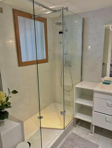 une salle de bain avec une douche avec une porte vitrée dans l'établissement Hyper centre Lagny/Marne, vue panoramique, à Lagny-sur-Marne
