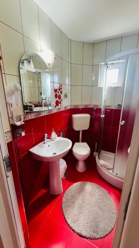 a red bathroom with a toilet and a sink at Casa Visescu in Băile Herculane
