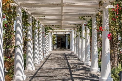 a walkway in a garden with flowers at Cresanto Luxury Suites in Imerovigli