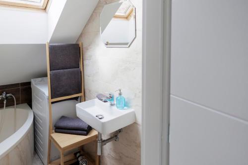ブラチスラヴァにあるVIP Apartment in Old Town with free parkingの洗面台と浴槽のあるバスルーム