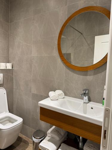 a bathroom with a sink and a toilet and a mirror at Arberia Palace Hotel in Fushë-Milot