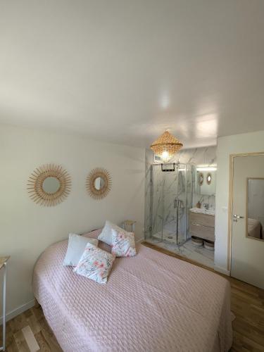 une chambre avec un lit avec deux oreillers et un miroir dans l'établissement Petite maison indépendante, à Livry-Gargan