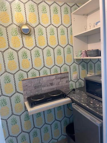 une petite cuisine avec un mur à motifs d'ananas dans l'établissement Nolelya, à Saint-Rémy-en-Rollat