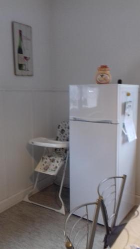 a kitchen with a white refrigerator and a stool at Gite le figuier de l'ill in Sélestat
