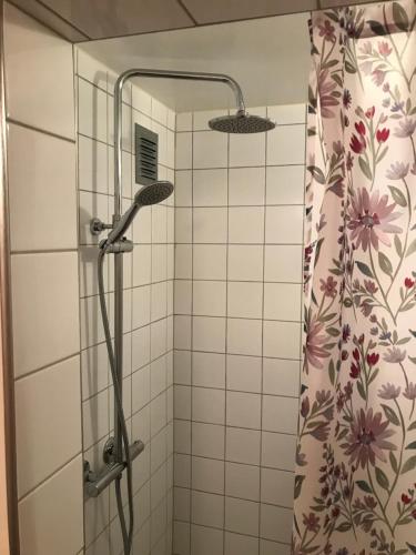 a shower in a bathroom with a shower curtain at Nösund Guestroom in Nösund
