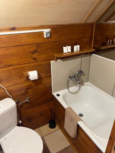 a bathroom with a toilet and a bath tub at Bungalow Bay -2 domki 4 osoby in Łacha