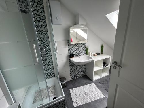 a small bathroom with a sink and a shower at Must love dogs in Koblenz