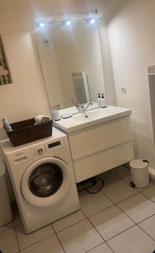 une salle de bain avec une machine à laver et un lavabo dans l'établissement YT COSY, à Avignon