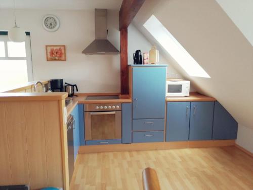 a kitchen with blue cabinets and a white microwave at Seestern in Bünsdorf