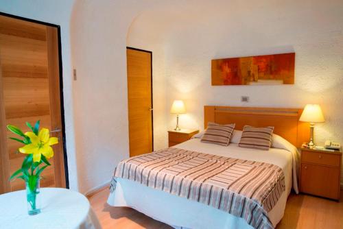 Un dormitorio con una cama y un jarrón con una flor en una mesa en Hotel Montecarlo Santiago, en Santiago