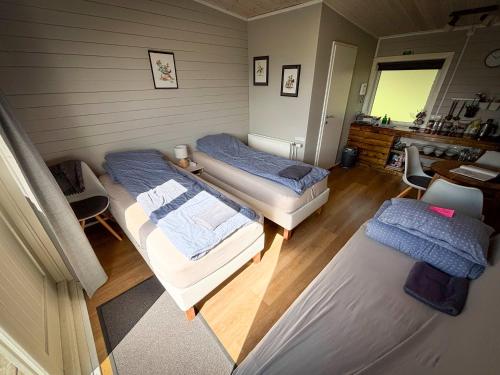 a room with two beds and a table with a desk at Áshamrar in Hella
